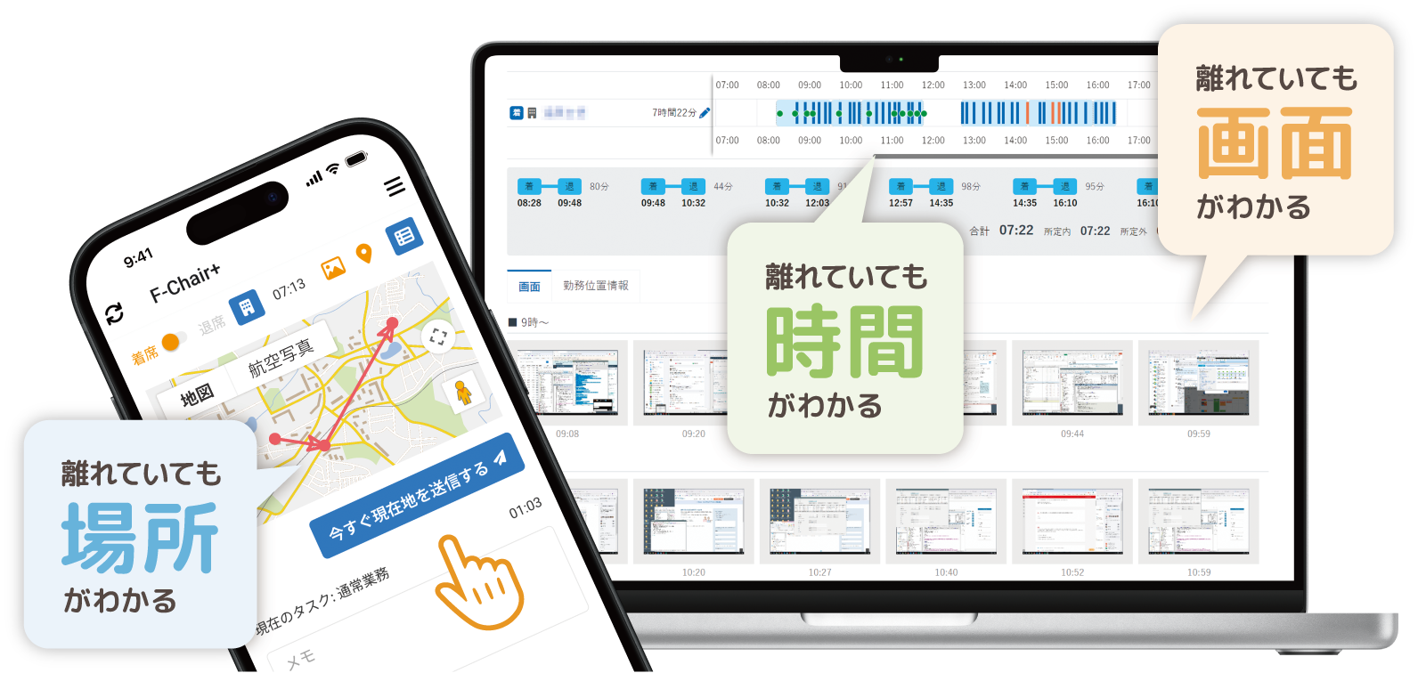 勤務時間、PC画面、勤務場所がひと目でわかる！