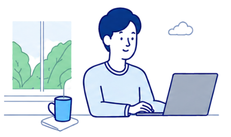 窓辺でノートPCに向かって働く人物のイラスト