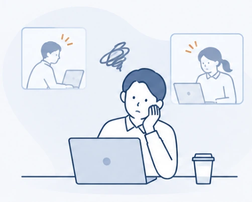 同僚とのつながりが見えず、一人で不安を感じながら働く様子のイラスト